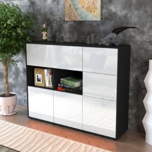 Highboard - Velia - Design Hochglanz - Freistehend mit Push to Open 136 cm Anthrazit - Front Orange  Bestellnummer:2030216226