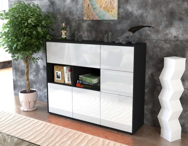 Highboard - Velia - Design Hochglanz - Freistehend mit Push to Open 136 cm Anthrazit - Front Orange  Bestellnummer:2030216226