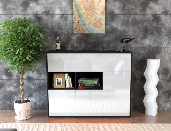 Highboard - Velia - Design Hochglanz - Freistehend mit Push to Open 136 cm Anthrazit - Front Schwarz  Bestellnummer:2030216227