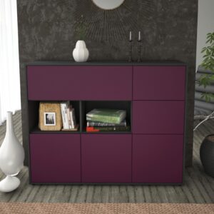 Highboard - Velia - Design Farbakzent - Freistehend mit Push to Open 136 cm Anthrazit - Front Gelb  Bestellnummer:2030216232