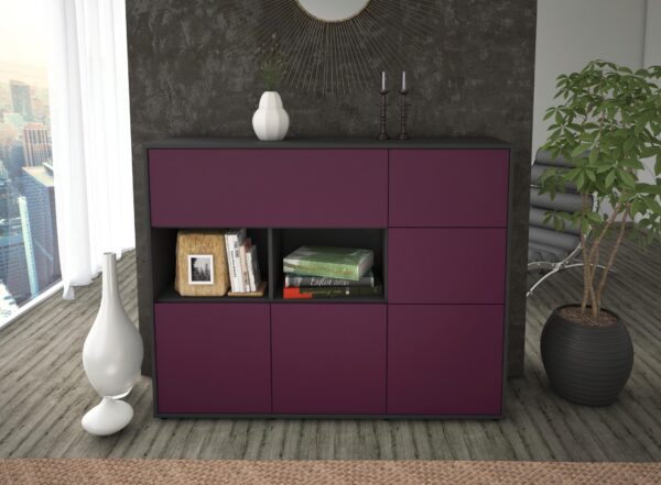 Highboard - Velia - Design Farbakzent - Freistehend mit Push to Open 136 cm Anthrazit - Front Gelb  Bestellnummer:2030216232