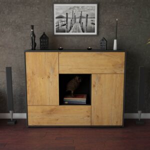 Highboard - Vicky - Design Holzdekor - Freistehend mit Push to Open 136 cm Anthrazit - Front Walnuss  Bestellnummer:2030216630