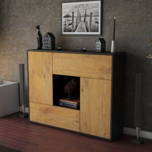 Highboard - Vicky - Design Holzdekor - Freistehend mit Push to Open 136 cm Anthrazit - Front Pinie  Bestellnummer:2030216631