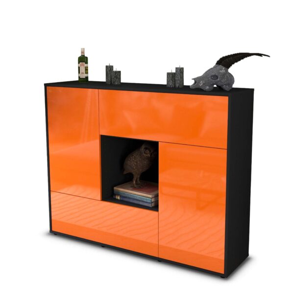 Highboard - Vicky - Design Hochglanz - Freistehend mit Push to Open 136 cm Anthrazit - Front Orange  Bestellnummer:2030216634