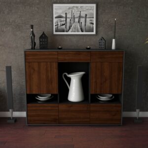 Highboard - Viola - Design Holzdekor - Freistehend mit Push to Open 136 cm Anthrazit - Front Eiche  Bestellnummer:2030216935