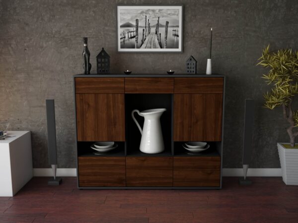 Highboard - Viola - Design Holzdekor - Freistehend mit Push to Open 136 cm Anthrazit - Front Eiche  Bestellnummer:2030216935