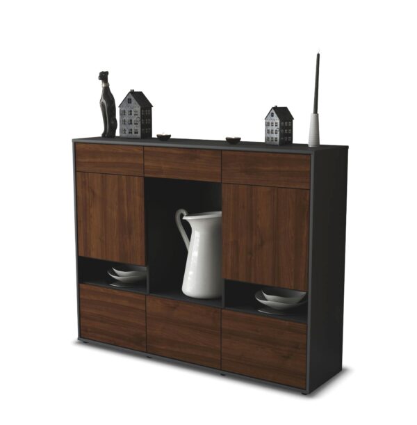 Highboard - Viola - Design Holzdekor - Freistehend mit Push to Open 136 cm Anthrazit - Front Walnuss  Bestellnummer:2030216936