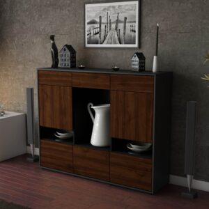 Highboard - Viola - Design Holzdekor - Freistehend mit Push to Open 136 cm Anthrazit - Front Pinie  Bestellnummer:2030216937