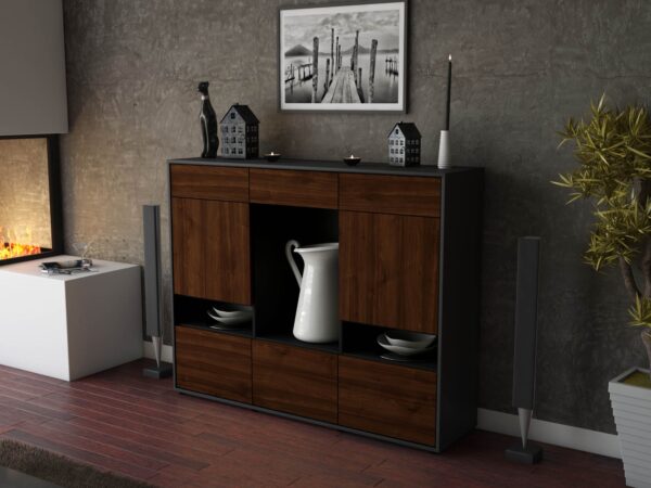 Highboard - Viola - Design Holzdekor - Freistehend mit Push to Open 136 cm Anthrazit - Front Pinie  Bestellnummer:2030216937