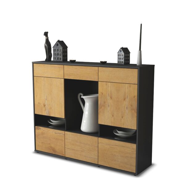 Highboard - Viola - Design Holzdekor - Freistehend mit Push to Open 136 cm Anthrazit - Front Zeder  Bestellnummer:2030216938