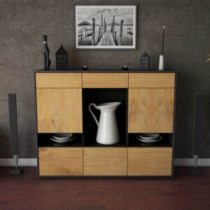 Highboard - Viola - Design Holzdekor - Freistehend mit Push to Open 136 cm Anthrazit - Front Treibholz  Bestellnummer:2030216939