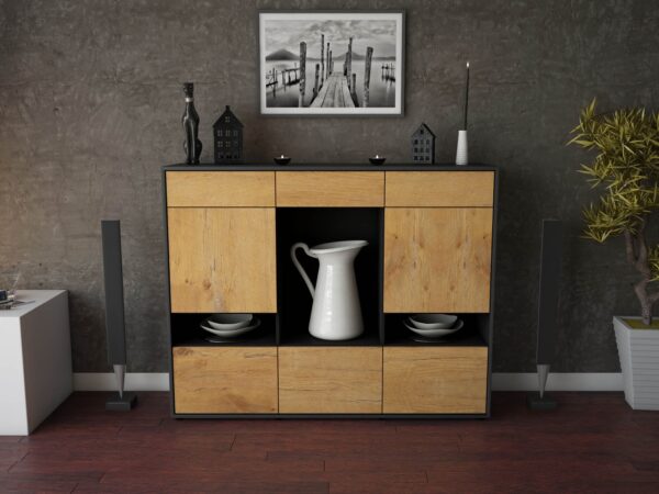 Highboard - Viola - Design Holzdekor - Freistehend mit Push to Open 136 cm Anthrazit - Front Treibholz  Bestellnummer:2030216939