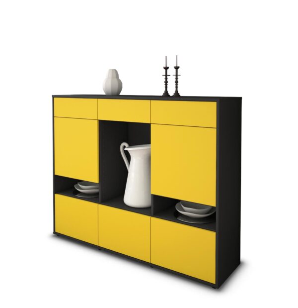 Highboard - Viola - Design Farbakzent - Freistehend mit Push to Open 136 cm Anthrazit - Front Gelb  Bestellnummer:2030216946