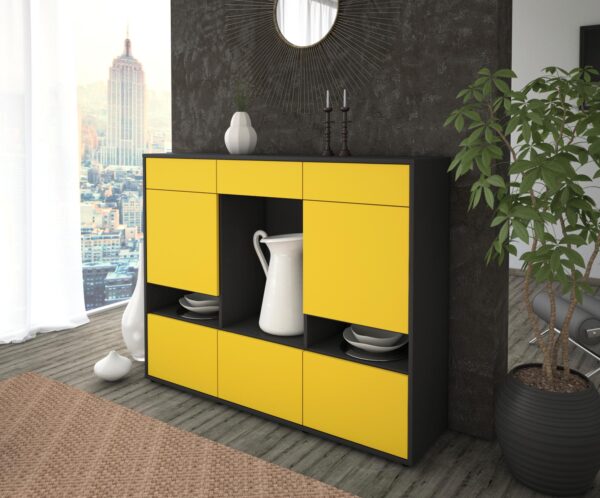 Highboard - Viola - Design Farbakzent - Freistehend mit Push to Open 136 cm Anthrazit - Front Lila  Bestellnummer:2030216947