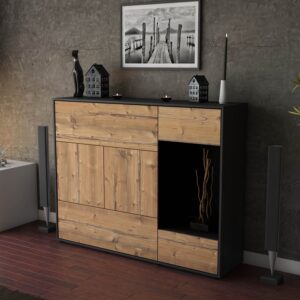 Highboard - Violetta - Design Holzdekor - Freistehend mit Push to Open 136 cm Anthrazit - Front Eiche  Bestellnummer:2030217037