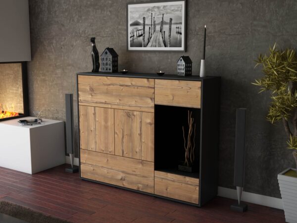 Highboard - Violetta - Design Holzdekor - Freistehend mit Push to Open 136 cm Anthrazit - Front Eiche  Bestellnummer:2030217037