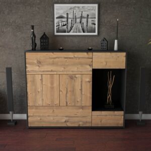 Highboard - Violetta - Design Holzdekor - Freistehend mit Push to Open 136 cm Anthrazit - Front Walnuss  Bestellnummer:2030217038