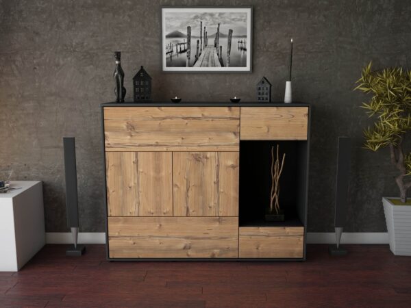 Highboard - Violetta - Design Holzdekor - Freistehend mit Push to Open 136 cm Anthrazit - Front Walnuss  Bestellnummer:2030217038