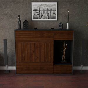 Highboard - Violetta - Design Holzdekor - Freistehend mit Push to Open 136 cm Anthrazit - Front Treibholz  Bestellnummer:2030217041