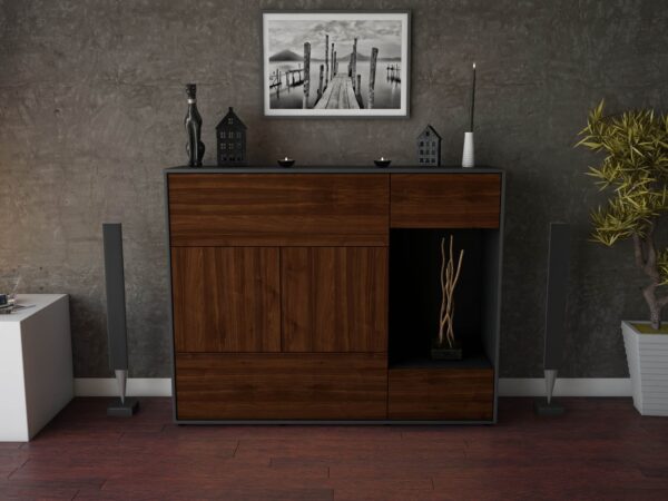 Highboard - Violetta - Design Holzdekor - Freistehend mit Push to Open 136 cm Anthrazit - Front Treibholz  Bestellnummer:2030217041