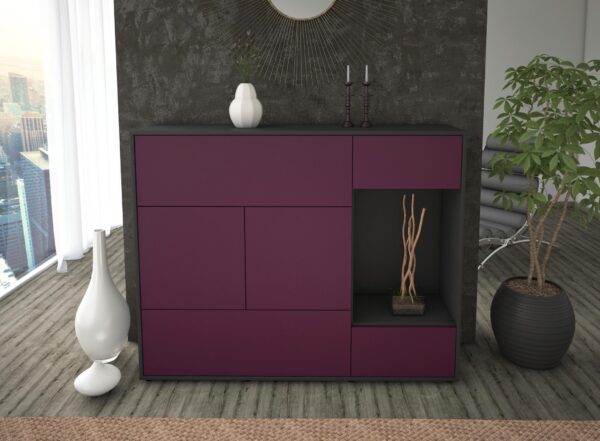 Highboard - Violetta - Design Farbakzent - Freistehend mit Push to Open 136 cm Anthrazit - Front Gelb  Bestellnummer:2030217048