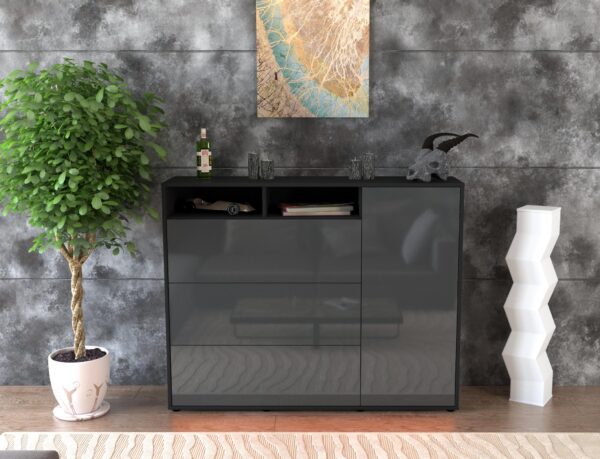 Highboard - Vita - Design Hochglanz - Freistehend mit Push to Open 136 cm Anthrazit - Front Schwarz  Bestellnummer:2030217349