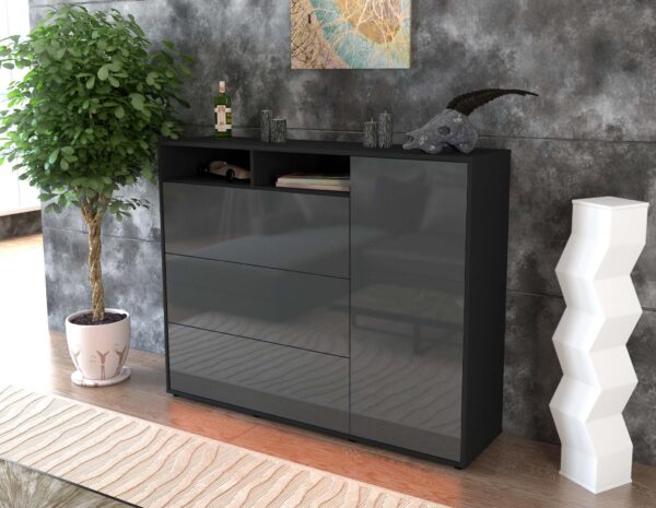 Highboard - Vita - Design Hochglanz - Freistehend mit Push to Open 136 cm Anthrazit - Front Wei?  Bestellnummer:2030217350