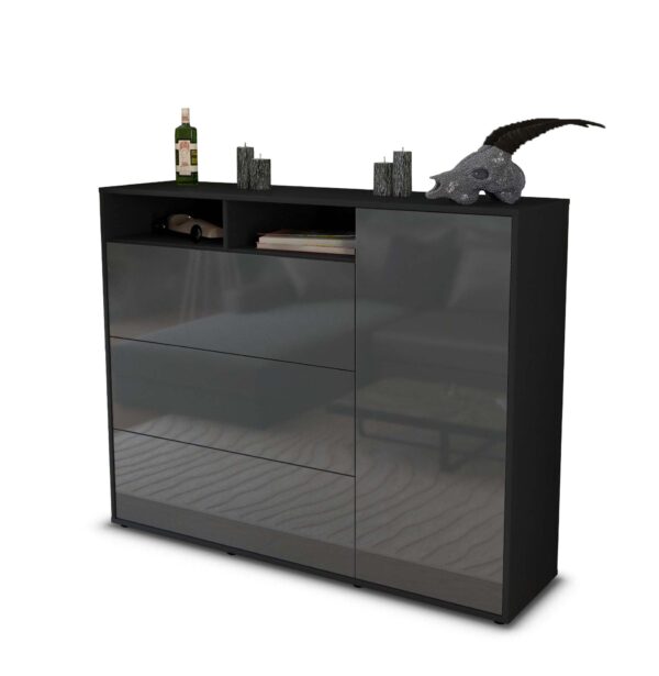 Highboard - Vita - Design Hochglanz - Freistehend mit Push to Open 136 cm Anthrazit - Front Grau  Bestellnummer:2030217352