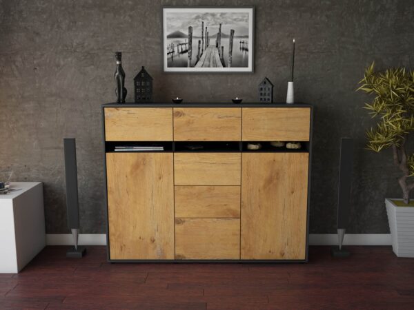 Highboard - Viviana - Design Holzdekor - Freistehend mit Push to Open 136 cm Anthrazit - Front Walnuss  Bestellnummer:2030217548