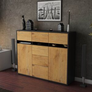 Highboard - Viviana - Design Holzdekor - Freistehend mit Push to Open 136 cm Anthrazit - Front Pinie  Bestellnummer:2030217549