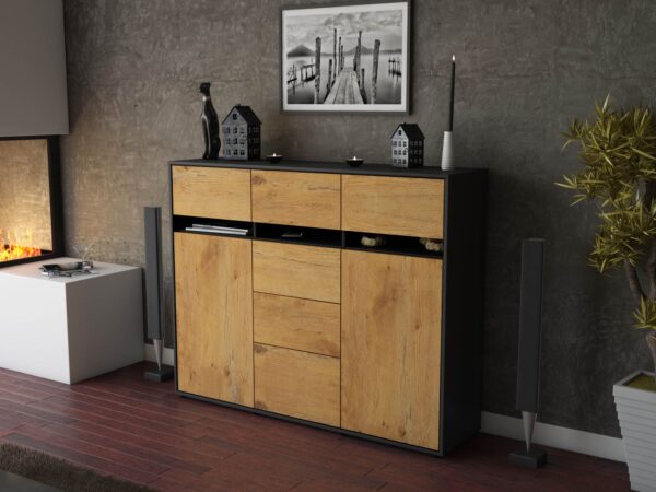 Highboard - Viviana - Design Holzdekor - Freistehend mit Push to Open 136 cm Anthrazit - Front Pinie  Bestellnummer:2030217549