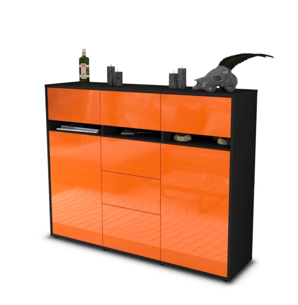 Highboard - Viviana - Design Hochglanz - Freistehend mit Push to Open 136 cm Anthrazit - Front Orange  Bestellnummer:2030217552