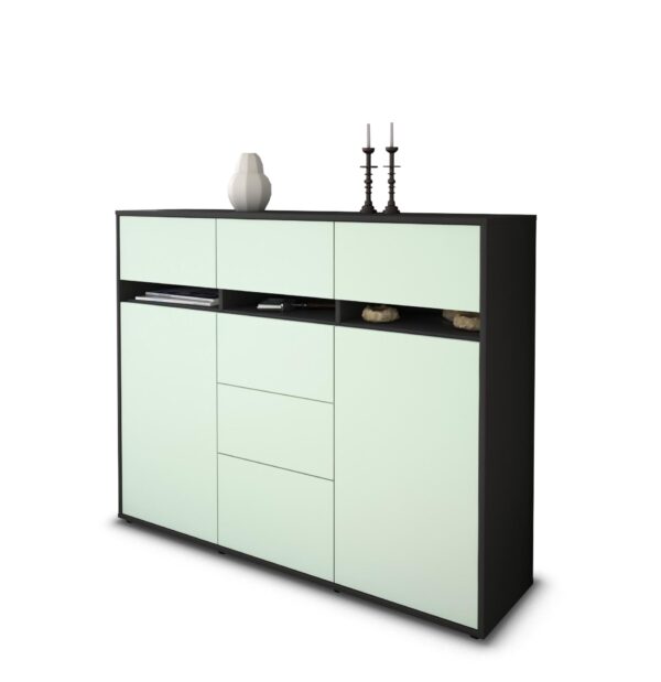 Highboard - Viviana - Design Farbakzent - Freistehend mit Push to Open 136 cm Anthrazit - Front Mint  Bestellnummer:2030217557