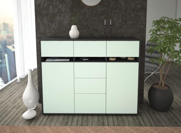 Highboard - Viviana - Design Farbakzent - Freistehend mit Push to Open 136 cm Anthrazit - Front Gelb  Bestellnummer:2030217558