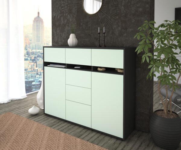 Highboard - Viviana - Design Farbakzent - Freistehend mit Push to Open 136 cm Anthrazit - Front Lila  Bestellnummer:2030217559